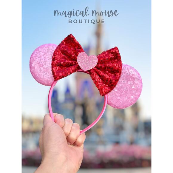 Valentine’s Pink & Red Heart Minnie Ears | Disney-Inspired Mouse Ears Headband - Picture 6 of 6